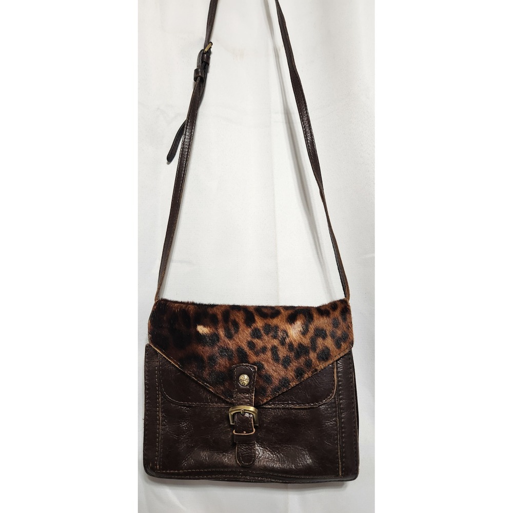 Patricia Nash Brown Leather Leopard Calf Hair Crossbody Bag Vintage Style Pocket